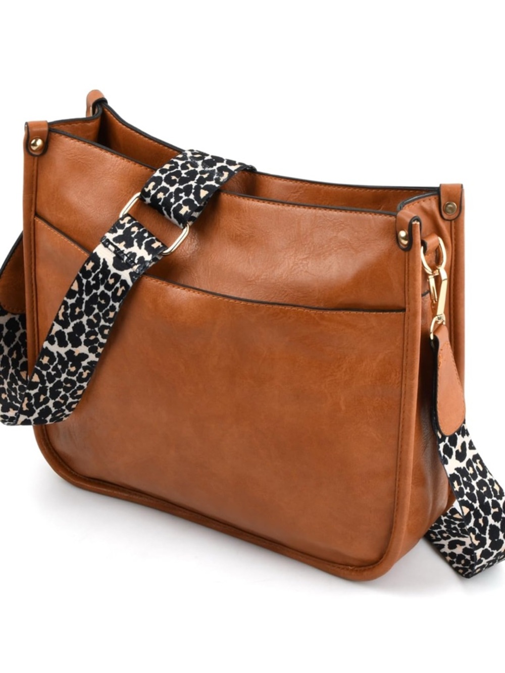 Leather Crossbody Bag with Leopard Strap - Cognac